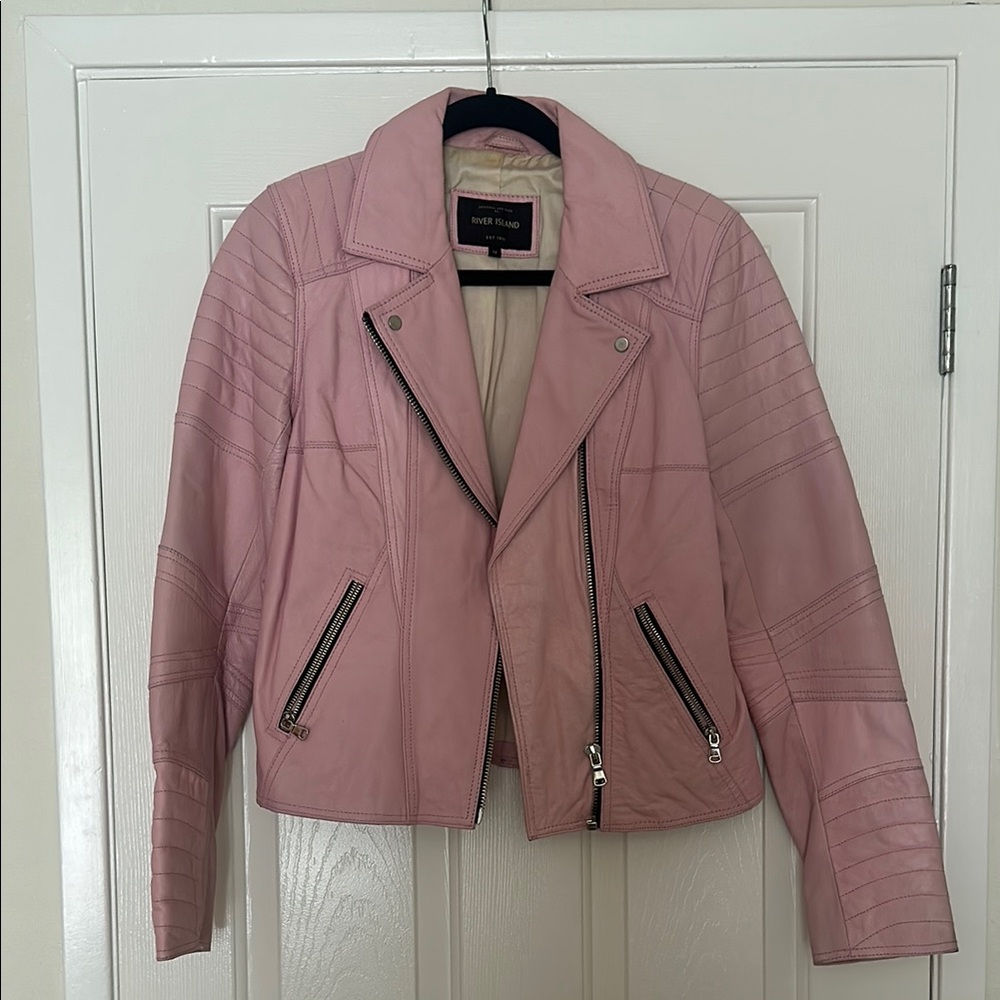 Pink Genuine Leather River Island Motto Jacket